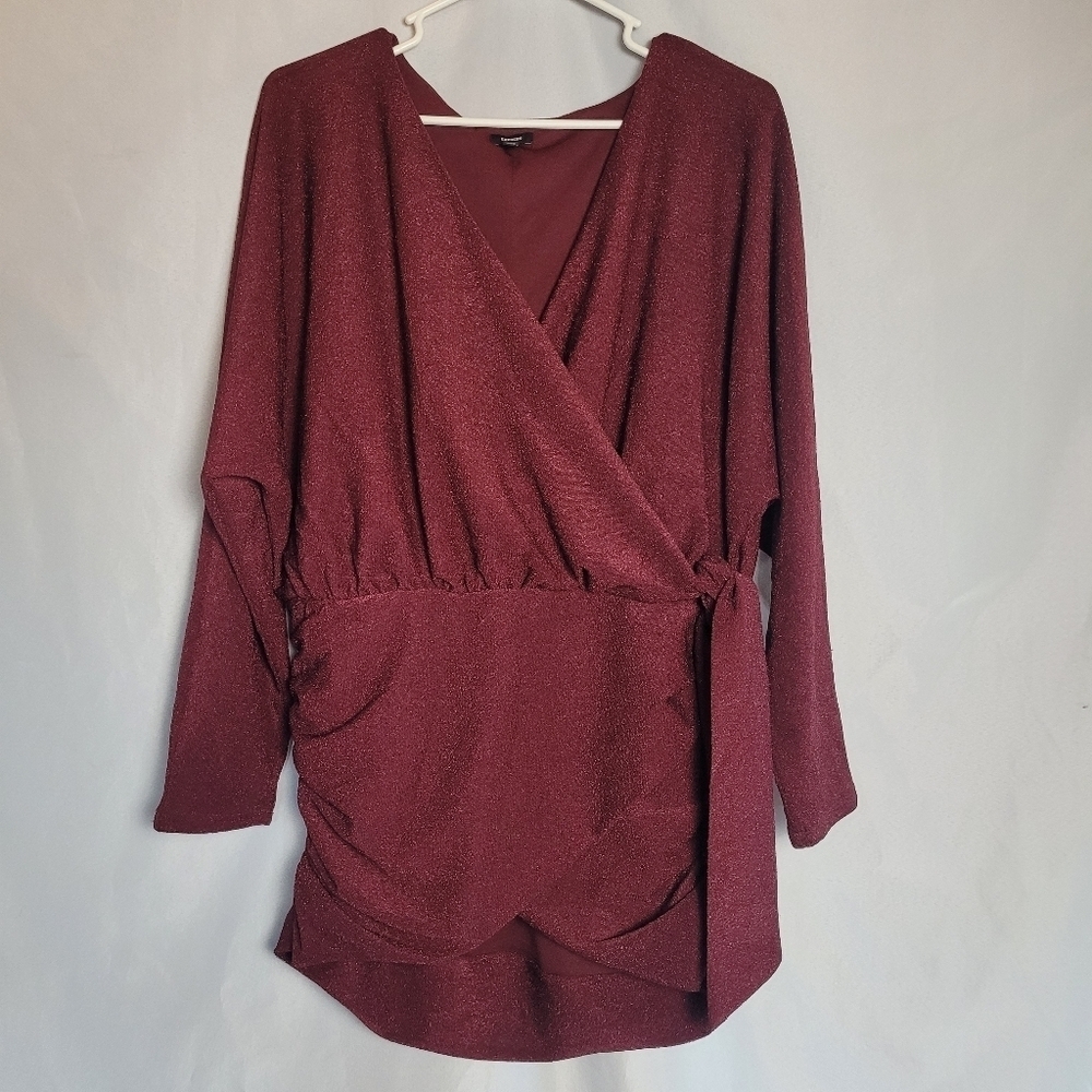 Express Women's Ruched Faux Wrap Wine & Metallic Gold Top Size Large